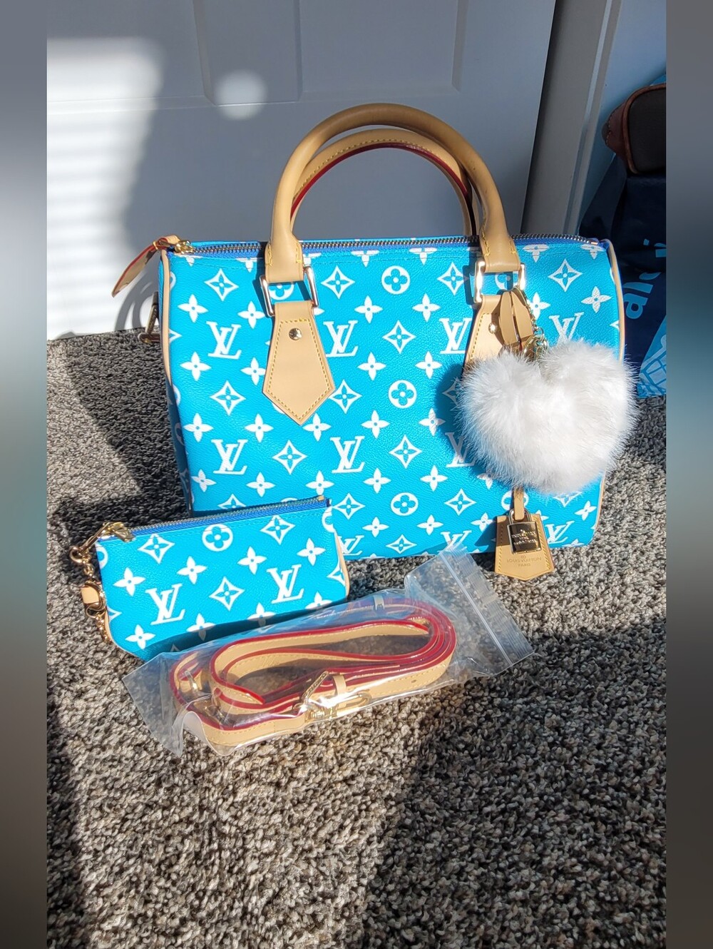 Unknown Source Designer-Inspired Turquoise Monogram Satchel with Tan Trim